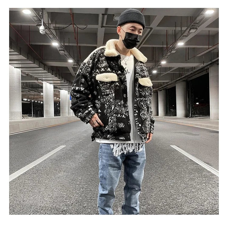mens paisley fleece jackets coats fashion hairy single button loose bomber outerwears casual warm parkas thick streetwear jacket unique default style 5311