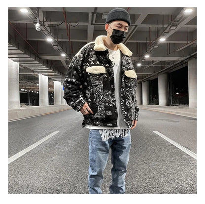 mens paisley fleece jackets coats fashion hairy single button loose bomber outerwears casual warm parkas thick streetwear jacket unique default style 5311