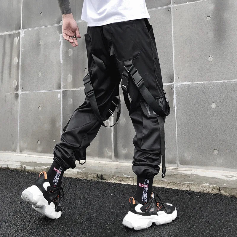 men hip hop black cargo pants joggers sweatpants overalls men ribbons streetwear harem pants women fashions trousers unique joggers style 2494