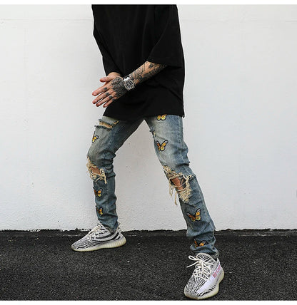 high street butterfly embroidery knee ripped hole jeans mens casual hip hop distressed jeans slim fit skinny denim pants joggers unique joggers style 873