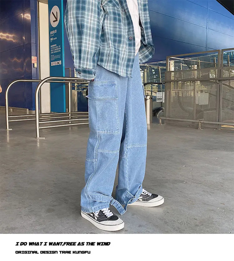 men jeans wide leg denim pants loose straight baggy mens jeans hip hop streetwear skateboard neutral denim trousers cargo jeans unique cargo style 2469