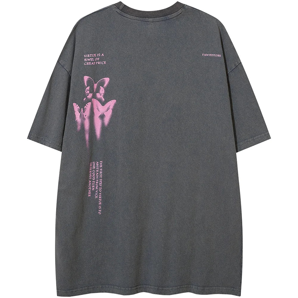 Aolamegs Butterfly Inkjet Letter Print Washed T-shirt Men Short Sleeve Tops Retro High Street Baggy Oversized Tees Shirts Couple Street King Limited