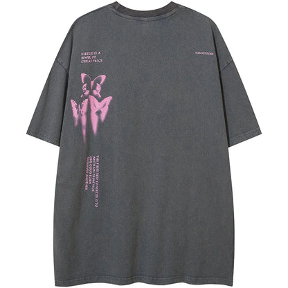 Aolamegs Butterfly Inkjet Letter Print Washed T-shirt Men Short Sleeve Tops Retro High Street Baggy Oversized Tees Shirts Couple Street King Limited