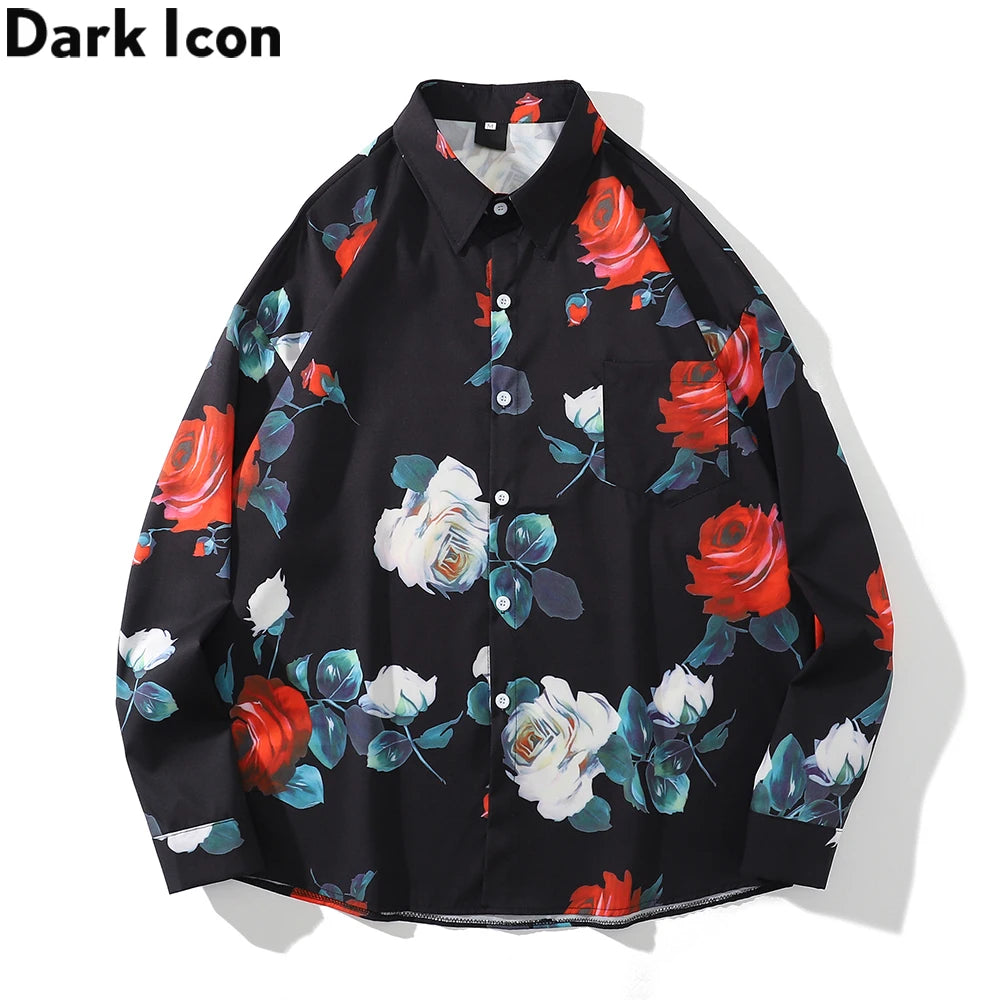 Dark Icon Floral Loose Men's Shirt Long Sleeve Autumn Oversized Shirt Man Black White Street King Limited