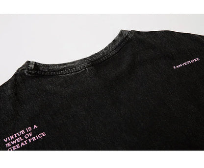 Aolamegs Butterfly Inkjet Letter Print Washed T-shirt Men Short Sleeve Tops Retro High Street Baggy Oversized Tees Shirts Couple Street King Limited
