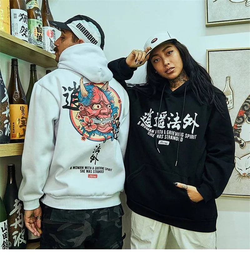 Japanese Chinese Style Hoodies Streetwear Sweatshirt Hooded Hip Hop Evil Devil Printed Hoodie Gothic Kpop Men Autumn Tops Male Street King Limited