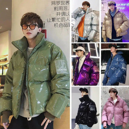 NEW Winter collar loose bright leather fabric jacket wind thick warm coat men women couple purple cotton clothing Street King Limited