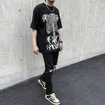 Summer Hip-hop Skull Printed Men Short-sleeved T-shirt Cotton Casual Unisex O-neck Loose Harajuku Short-sleeved Tops Tee T-shirt Street King Limited