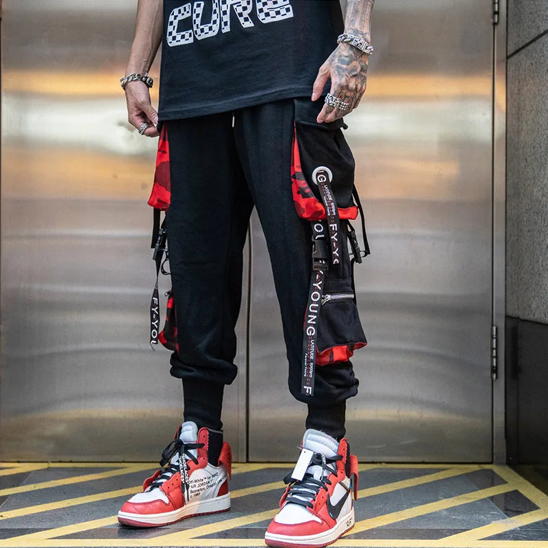 men hip hop black cargo pants joggers sweatpants overalls men ribbons streetwear harem pants women fashions trousers unique joggers style 2501