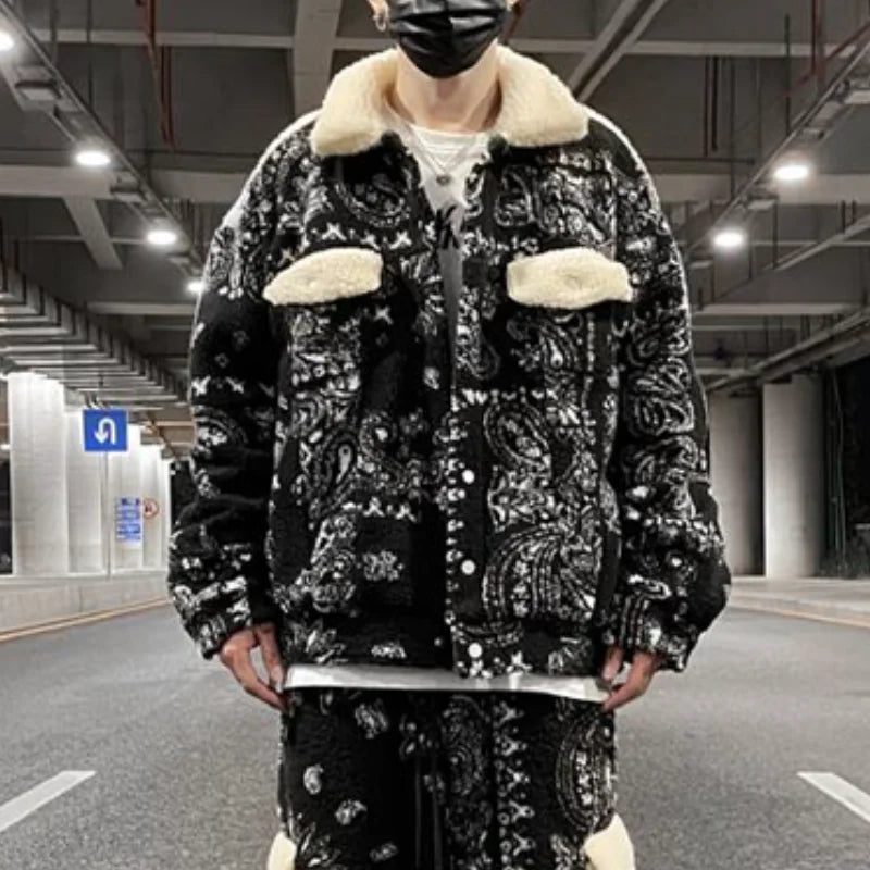 mens paisley fleece jackets coats fashion hairy single button loose bomber outerwears casual warm parkas thick streetwear jacket menswear bottoms