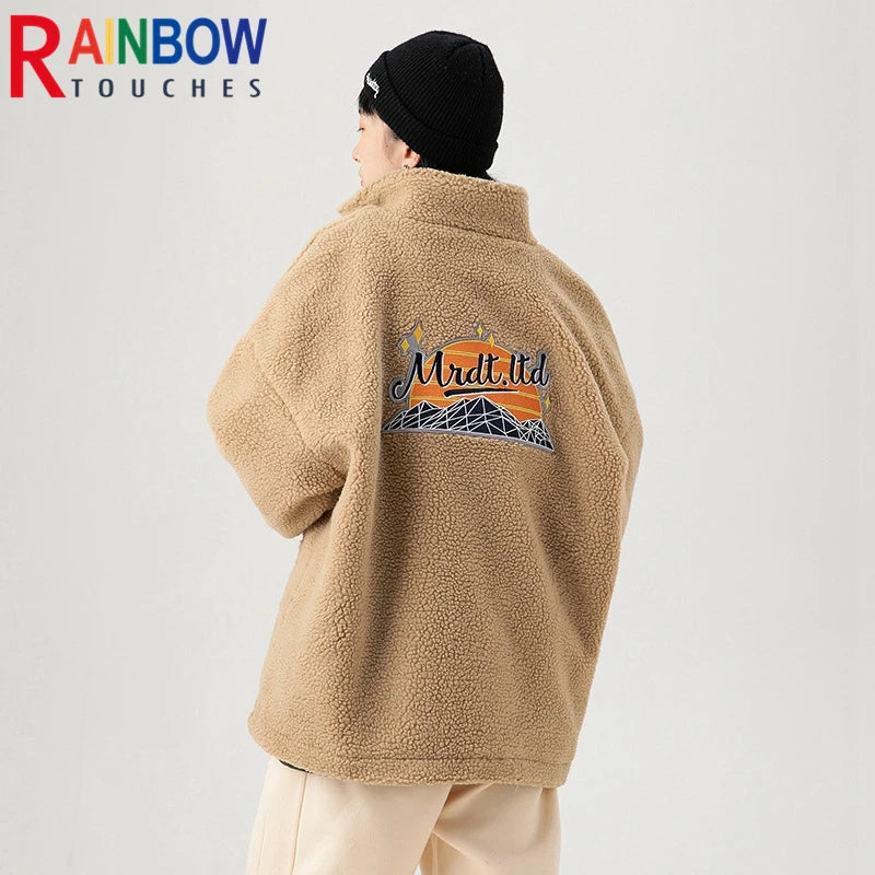 rainbowtouches winter lamb wool cotton clothes couple neutral stand collar high street tide brand embroidered cotton clothes urban fashion pants