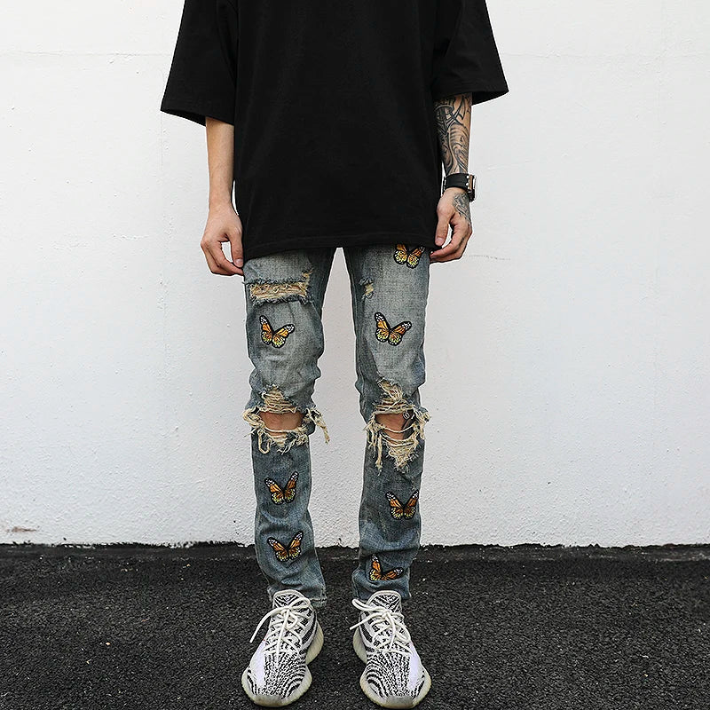 high street butterfly embroidery knee ripped hole jeans mens casual hip hop distressed jeans slim fit skinny denim pants joggers urban active pants