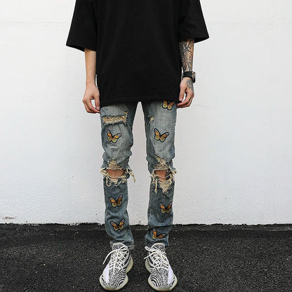high street butterfly embroidery knee ripped hole jeans mens casual hip hop distressed jeans slim fit skinny denim pants joggers urban active pants