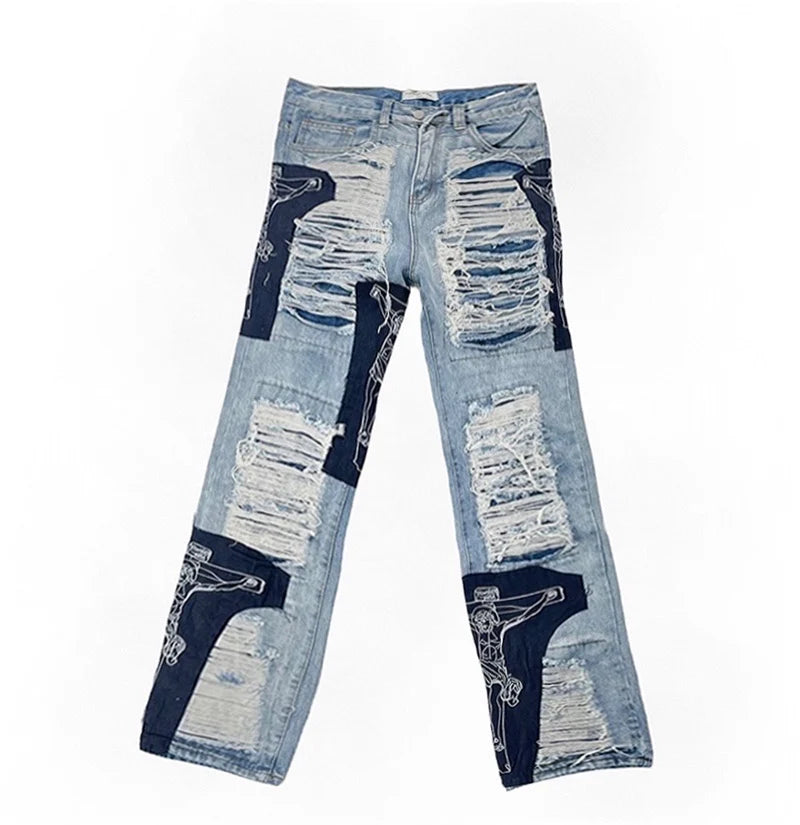 men high street denim jean pants casual loose destroyed ripped holes straight jeans fashion patchwork hip hop streetwear joggers unique joggers style 3496
