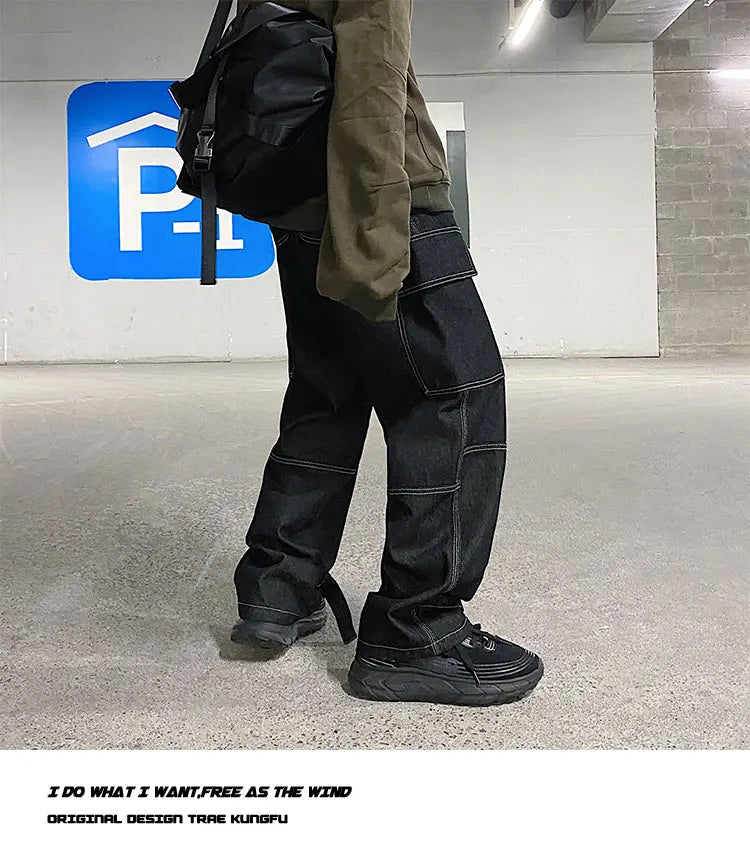 men jeans wide leg denim pants loose straight baggy mens jeans hip hop streetwear skateboard neutral denim trousers cargo jeans unique cargo style 2477