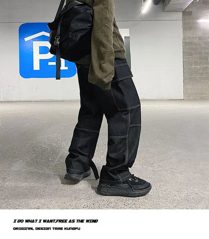 men jeans wide leg denim pants loose straight baggy mens jeans hip hop streetwear skateboard neutral denim trousers cargo jeans unique cargo style 2477