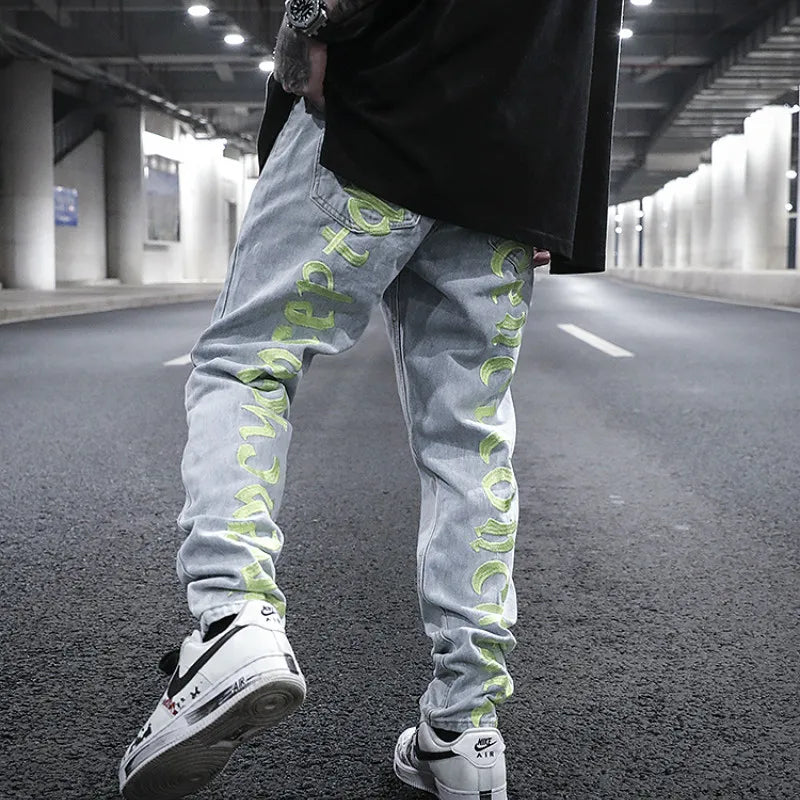 men back letter embroidery denim jean pants fashion slim zipper biker jeans trouser new casual hip hop streetwear pants joggers casual joggers