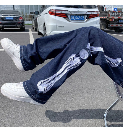 skeleton embroidery straight jean pants couples mopping trousers mens streetwear denim pants mens clothing jeans for men baggy unique jeans style 2620