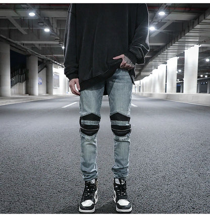 knee zipper hole patckwork skinny denim jeans men casual slim biker trousers jeans fashion streetwear hip hop jean pants joggers unique joggers style 12