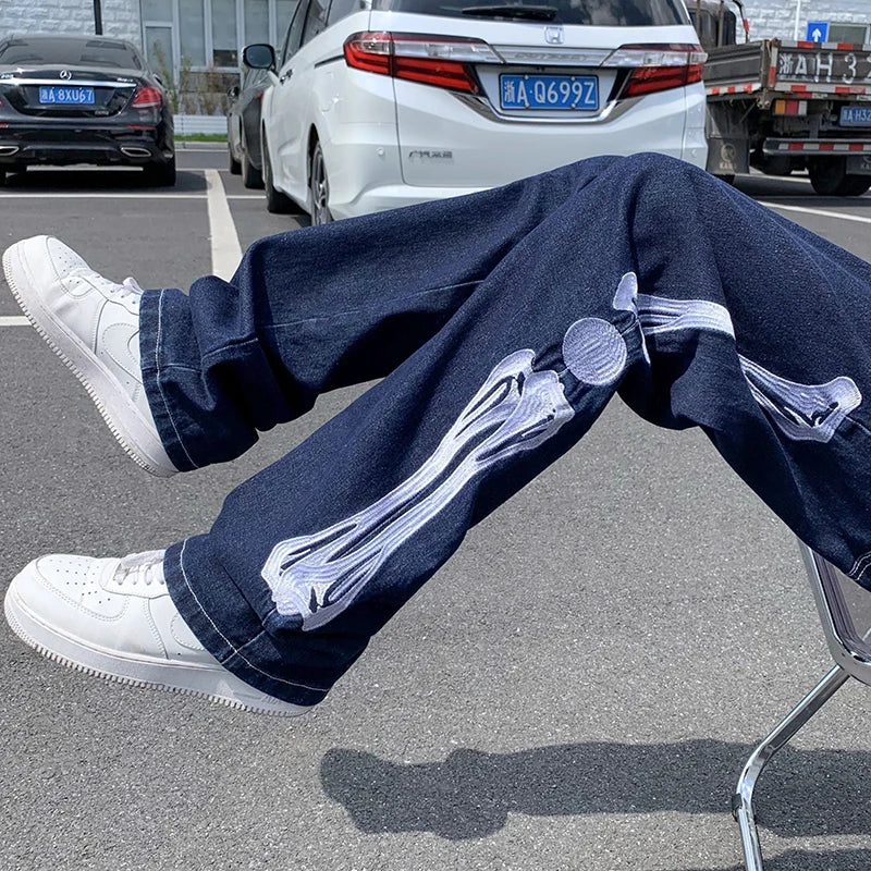 skeleton embroidery straight jean pants couples mopping trousers mens streetwear denim pants mens clothing jeans for men baggy unique jeans style 2618