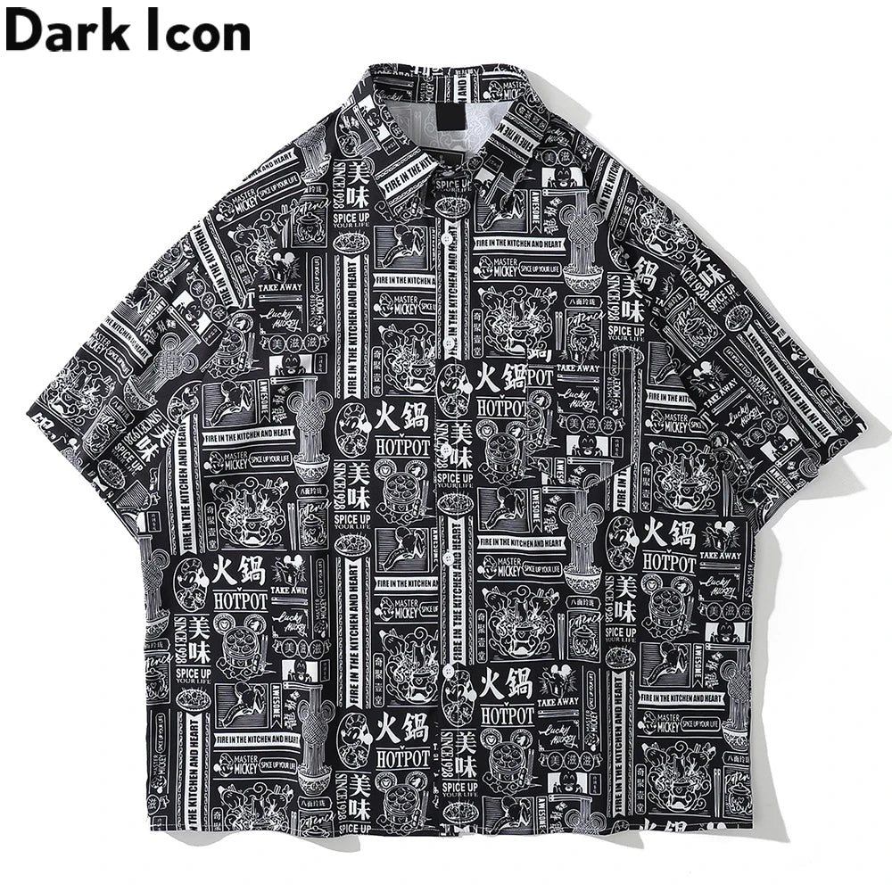 Dark Icon Full Printed Oversized Shirt for Men Summer Loose Men's Shirts Male Top Black Red Street King Limited