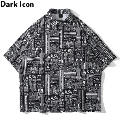 Dark Icon Full Printed Oversized Shirt for Men Summer Loose Men's Shirts Male Top Black Red Street King Limited