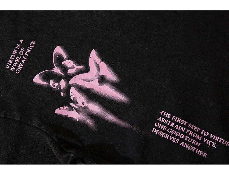 Aolamegs Butterfly Inkjet Letter Print Washed T-shirt Men Short Sleeve Tops Retro High Street Baggy Oversized Tees Shirts Couple Street King Limited