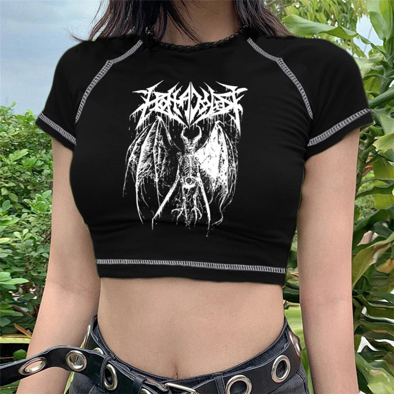 Women's T-shirt Harajuku Y2K crop Top Harajuku Retro Korean Black Demon Punk Gothic Anime Print Clothes Slim anime Street King Limited
