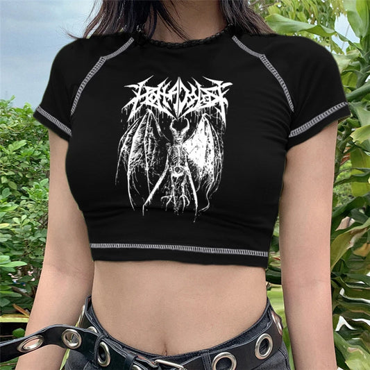 Women's T-shirt Harajuku Y2K crop Top Harajuku Retro Korean Black Demon Punk Gothic Anime Print Clothes Slim anime Street King Limited