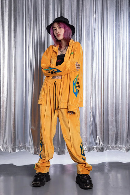 2 pieces set men embroidery velvet zipper jacket and elastic waist loose straight pants sweatsuit hip hop tracksuits sweatsuit unique default style 3300