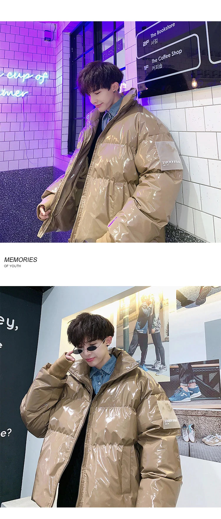 NEW Winter collar loose bright leather fabric jacket wind thick warm coat men women couple purple cotton clothing Street King Limited