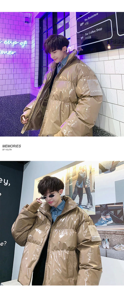 NEW Winter collar loose bright leather fabric jacket wind thick warm coat men women couple purple cotton clothing Street King Limited