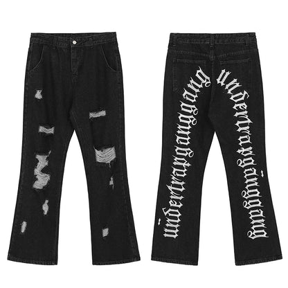 fashion back letters embroidery denim flare jeans mens zipper straight trouser hip hop destroy holes streetwear pants joggers unique joggers style 4599