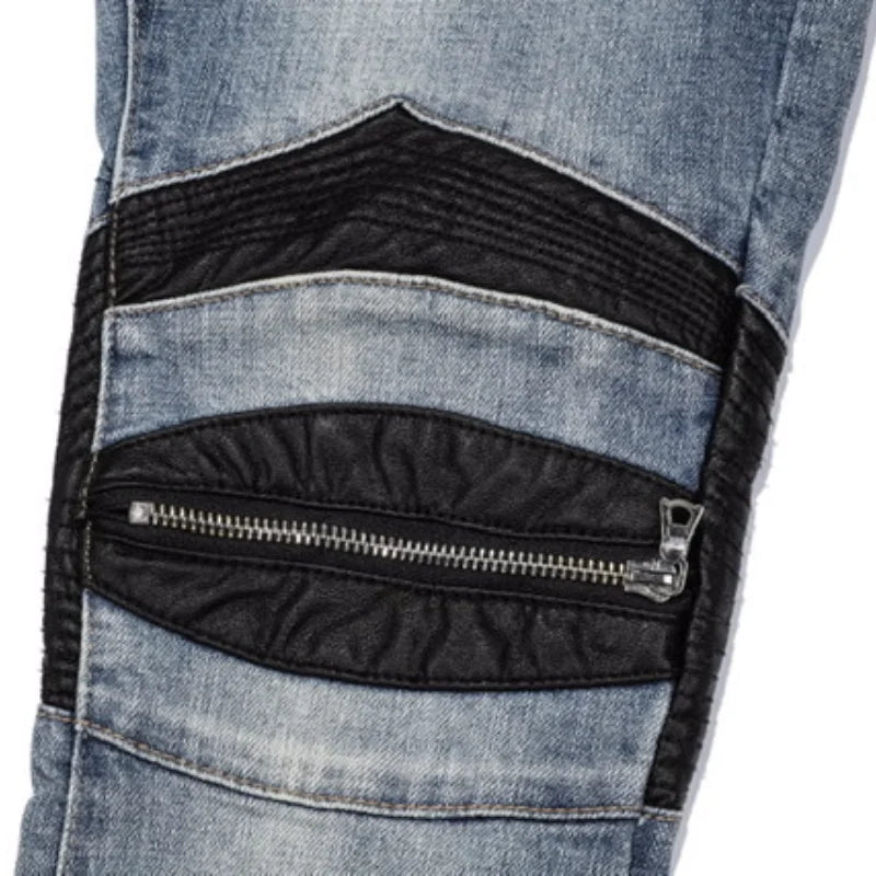 knee zipper hole patckwork skinny denim jeans men casual slim biker trousers jeans fashion streetwear hip hop jean pants joggers unique joggers style 5