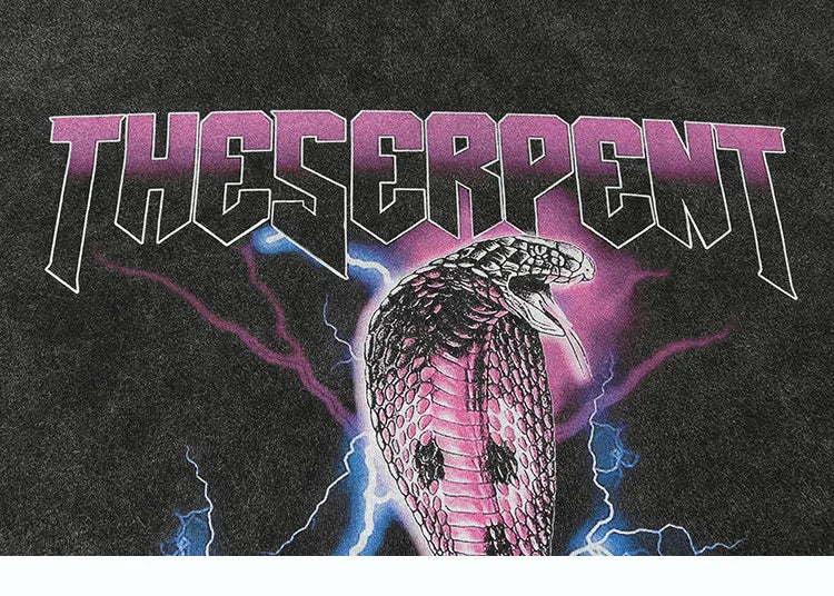Men Washed T Shirt Hip Hop Streetwear Lightning Snake Print T-Shirt Harajuku Cotton Casual Tshirt Short Sleeve Tops Tees Black Street King Limited