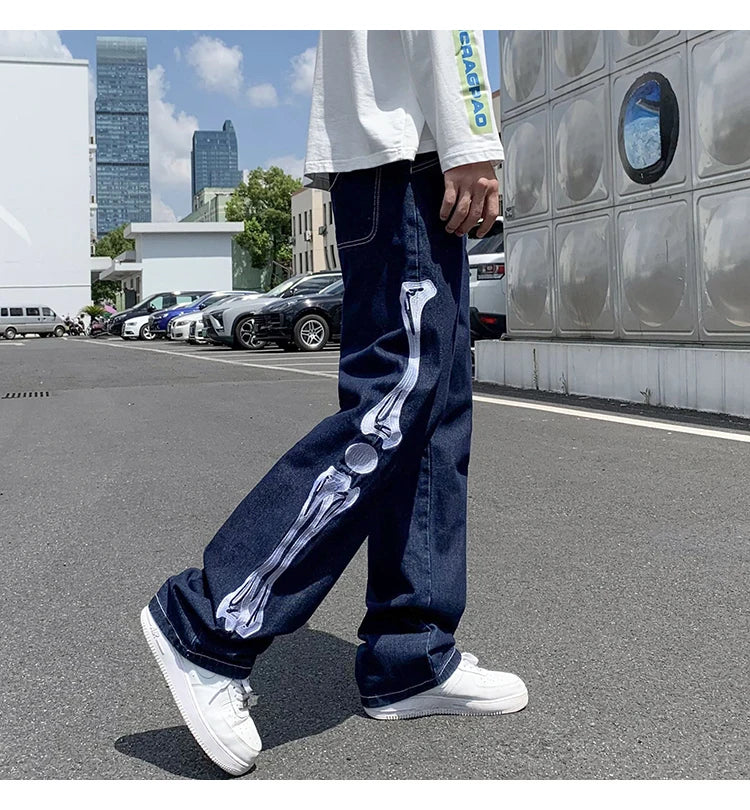 skeleton embroidery straight jean pants couples mopping trousers mens streetwear denim pants mens clothing jeans for men baggy unique jeans style 2622
