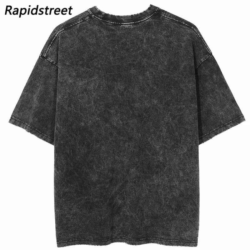 Men Washed T Shirt Hip Hop Streetwear Lightning Snake Print T-Shirt Harajuku Cotton Casual Tshirt Short Sleeve Tops Tees Black Street King Limited