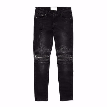 knee zipper hole patckwork skinny denim jeans men casual slim biker trousers jeans fashion streetwear hip hop jean pants joggers unique joggers style 32