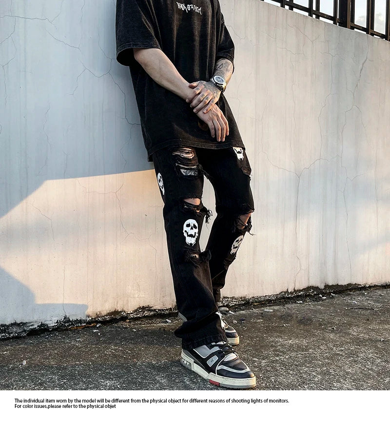 fashion skull printed denim jeans mens destoryed holes zipper flare jeans hip hop streetwear summer casual joggers jeans pants unique joggers style 2764