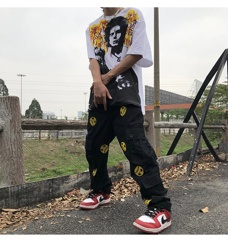 mens high street smilely loose cargo pants casual zipper straight jeans hip hop side pockets loose fit streetwear casual joggers unique joggers style 2477