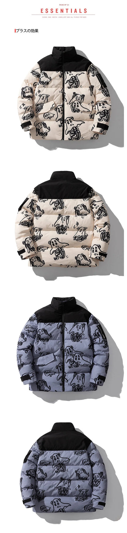 Cotton Padded Thick Parkas Jackets Streetwear Hip Hop Print Windproof Warm Zip Coats Fashion Harajuku Outwear Mens Clothing Street King Limited