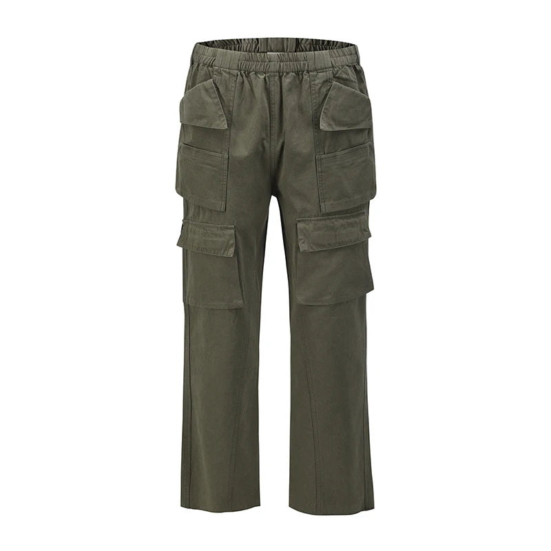 Harajuku Multi-pockets Straight Flare Pants Mens High Street Elastic Waist Solid Loose Casual Cargo Pants Hip Hop Baggy Trousers Street King Limited