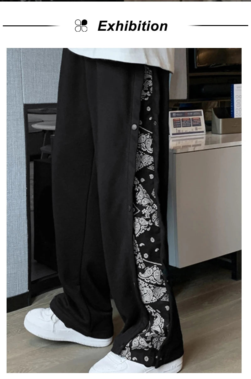 rainbowtouches fashion brand men pants harajuku stitched breasted summer casual bandana pattern hip hop loose wide leg trouser unique default style 1902