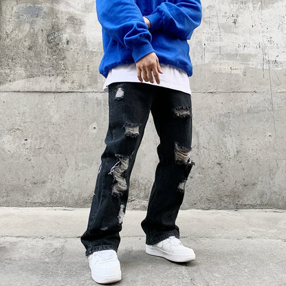 fashion back letters embroidery denim flare jeans mens zipper straight trouser hip hop destroy holes streetwear pants joggers unique joggers style 4608