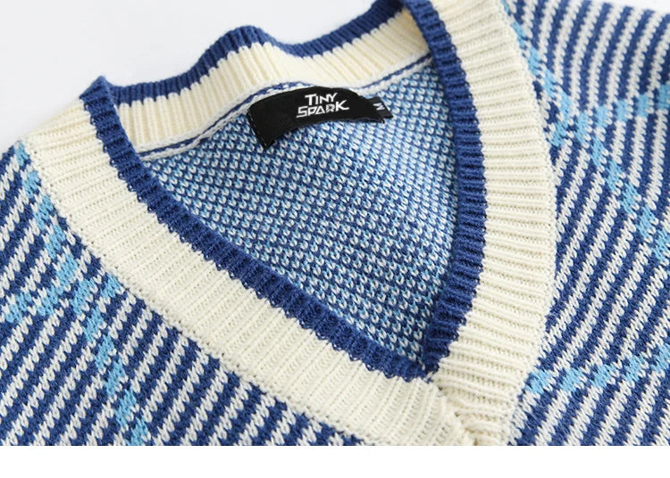Men Hip Hop Knitted Sweater Streetwear Embroidery Heart Plaid Pullover 2023 Autumn Harajuku Cotton Casual Pullover Sweater Blue Street King Limited