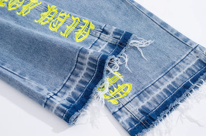 fashion letters embroidery denim flare jeans mens high street elastic waist straight trouser hip hop streetwear pants joggers unique joggers style 3766