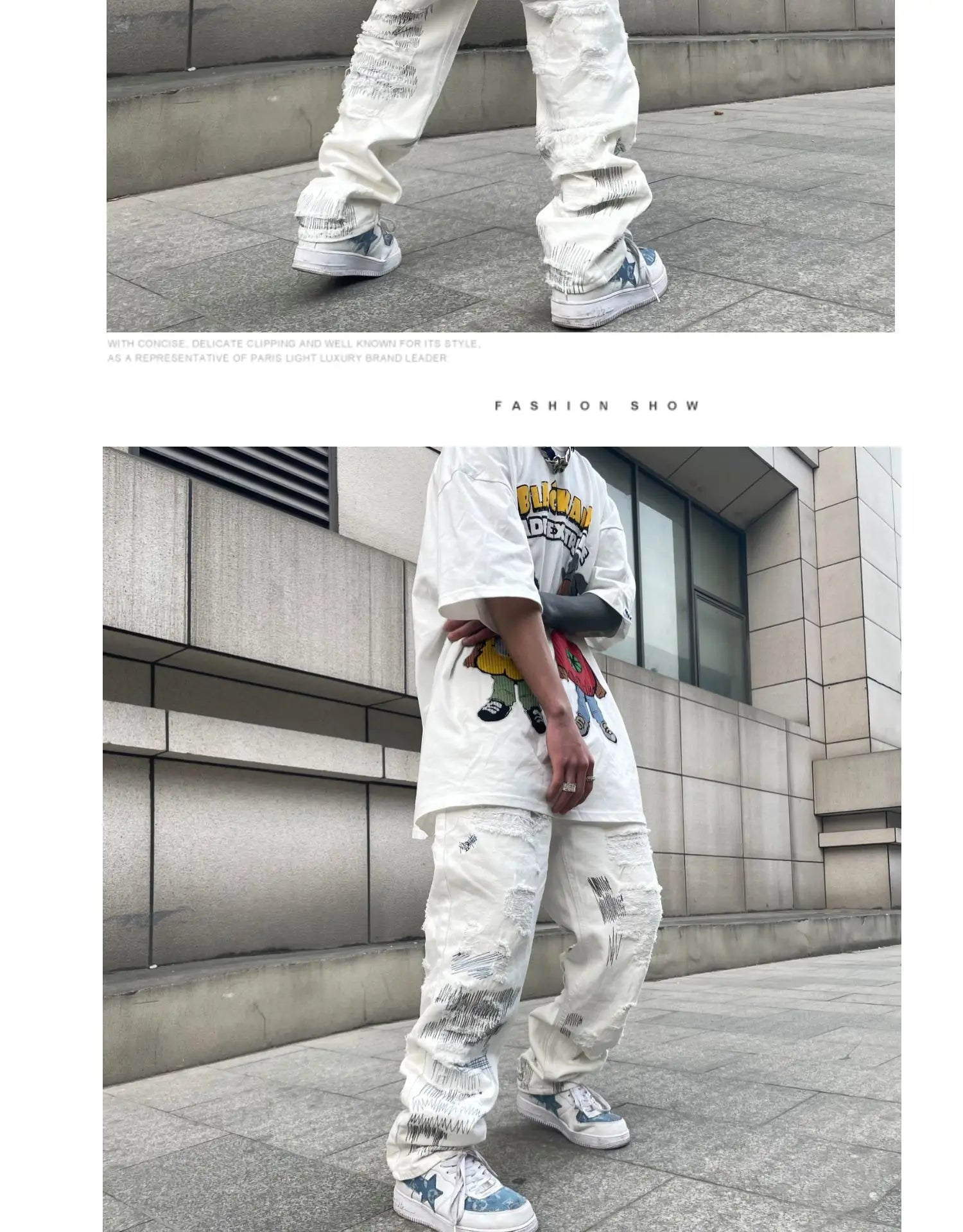 mens high street denim jean pants new casual loose ripped holes straight zipper white jeans trousers hip hop streetwear joggers unique joggers style 1598