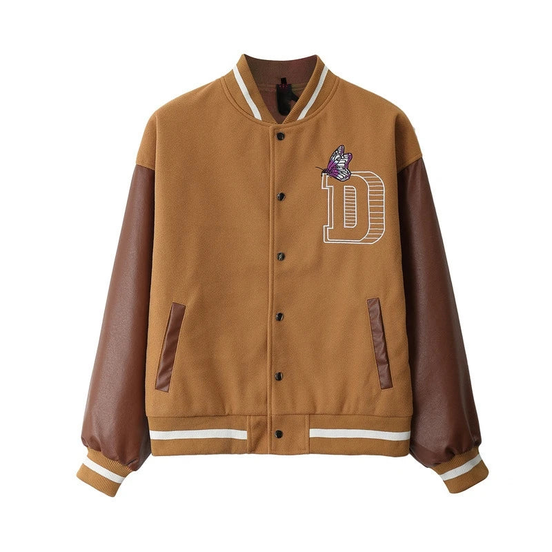 rainbowtouches men trendy hiphop embroidered baseball uniform single breasted side pocket high street stitched pu leather jacket unique default style 5118