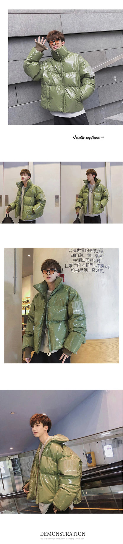 NEW Winter collar loose bright leather fabric jacket wind thick warm coat men women couple purple cotton clothing Street King Limited