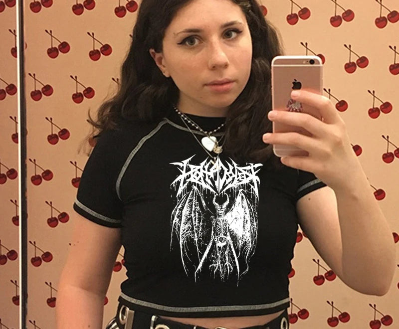 Women's T-shirt Harajuku Y2K crop Top Harajuku Retro Korean Black Demon Punk Gothic Anime Print Clothes Slim anime Street King Limited